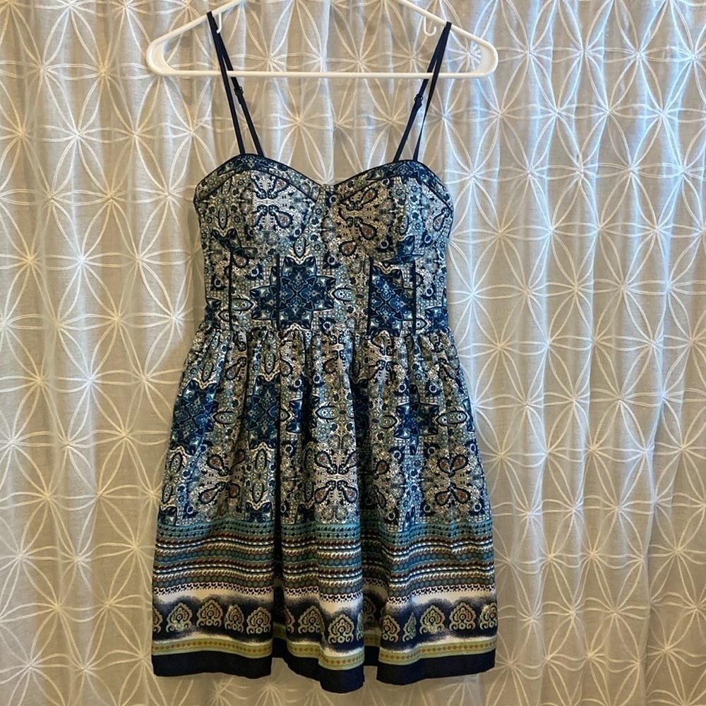 Blue Patterned Spaghetti-Strap Mini Dress